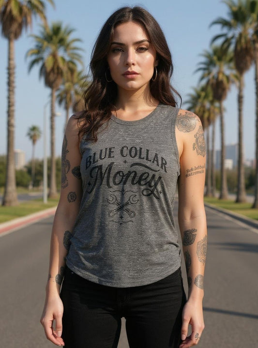 Women's Blue Collar Money Scoop Muscle Tank
